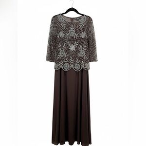 Pisarro Nights Brown and Silver Beaded Sheer Long Sleeve Gown 10